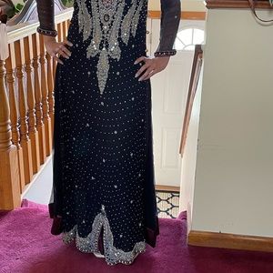 3 piece black and maroon saree suit paired with red dupatta with rhinestones